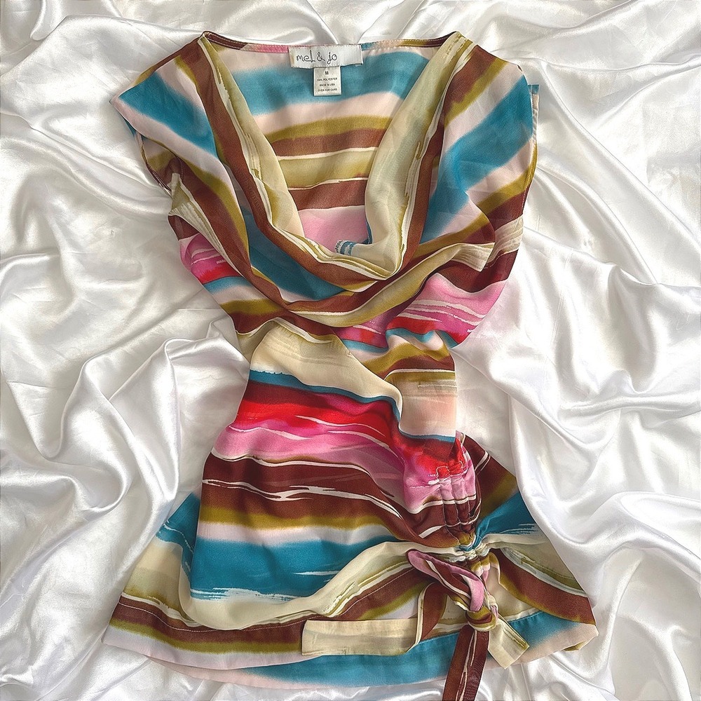 Mel & Jo Abstract Stripe Cowl Neck Sleeveless Blouse Pink Blue Size M USA Made